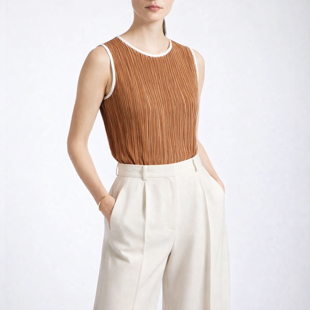 Max Mara Urbino Pleated Sleeveless Tank Top Brown / White Micro-Pleat Size Us 10